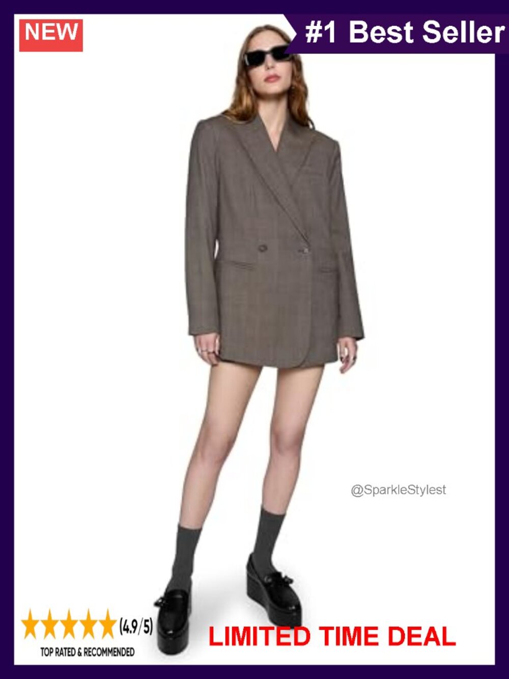 Oversized Plaid Wool Blend Blazer Notch Collar Business Casual